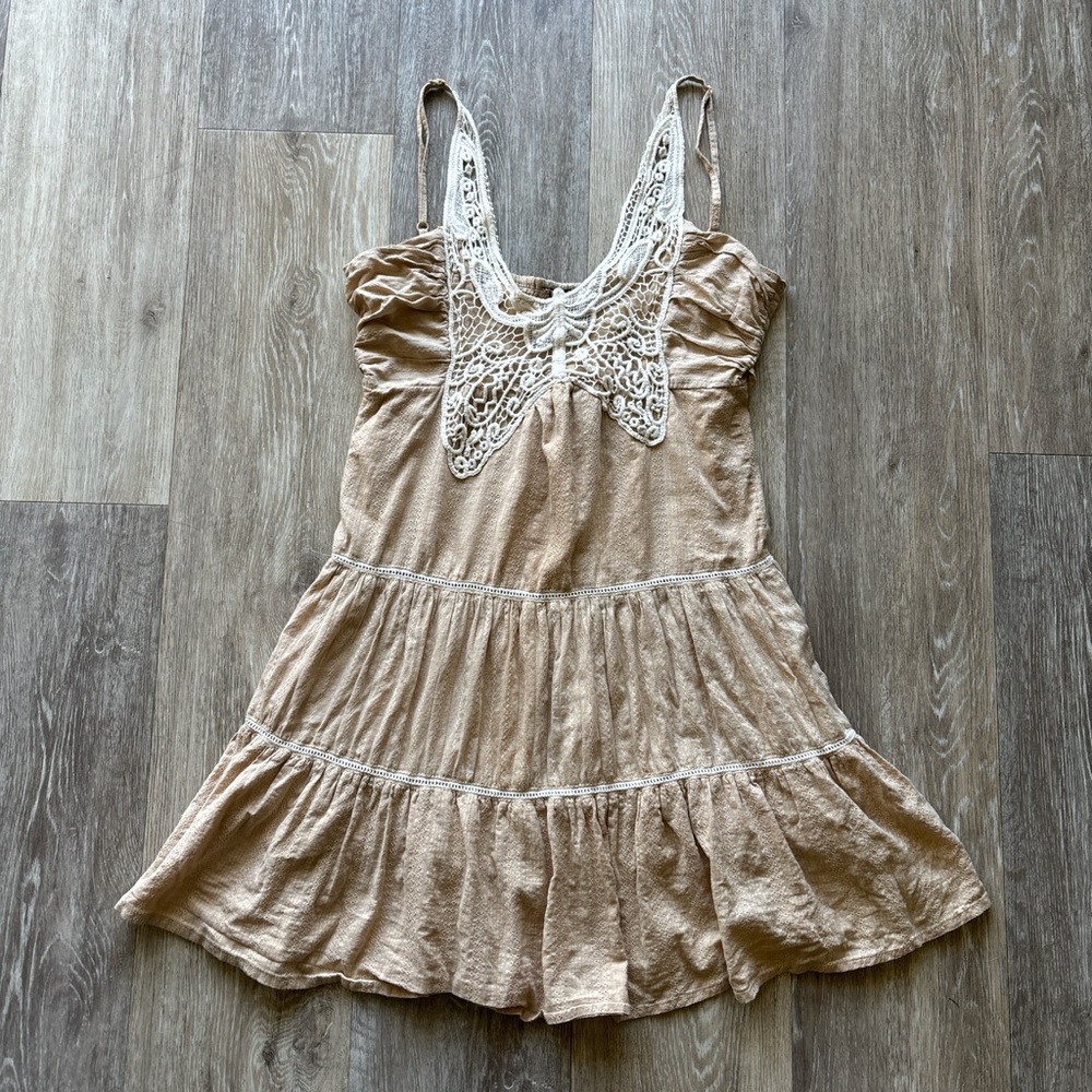 Passport Y2K Beige Tiered Butterfly Crochet Fairy Festival Babydoll Dress Size S - Picture 4 of 10
